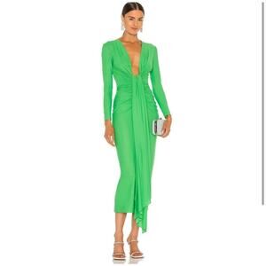 NWT SOLACE London Lorena Deep V-Neck Long Dress Neon Green Long Sleeve Size 0